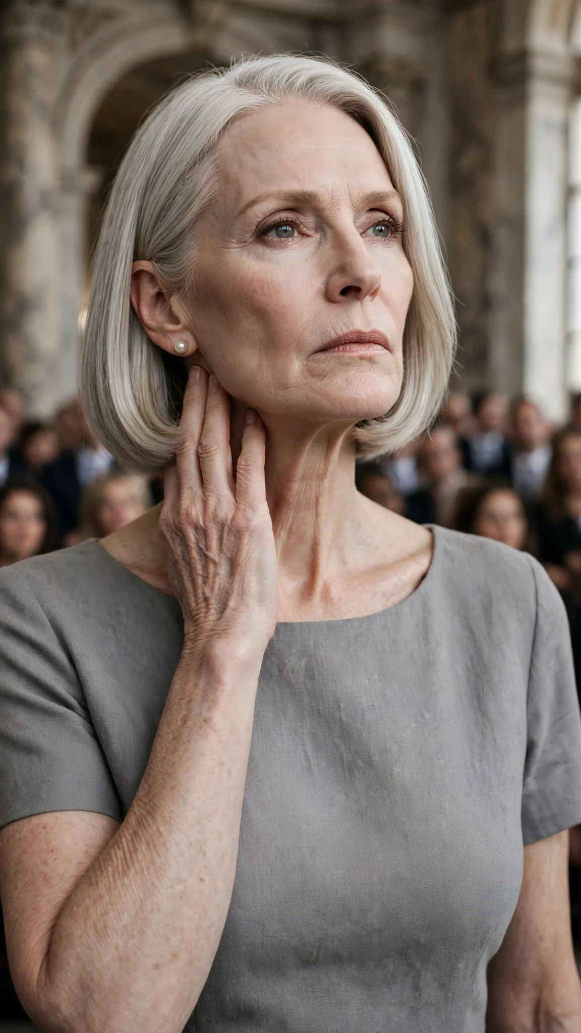 A silver-blonde woman in pearls speaks sharply, one hand at her collar.