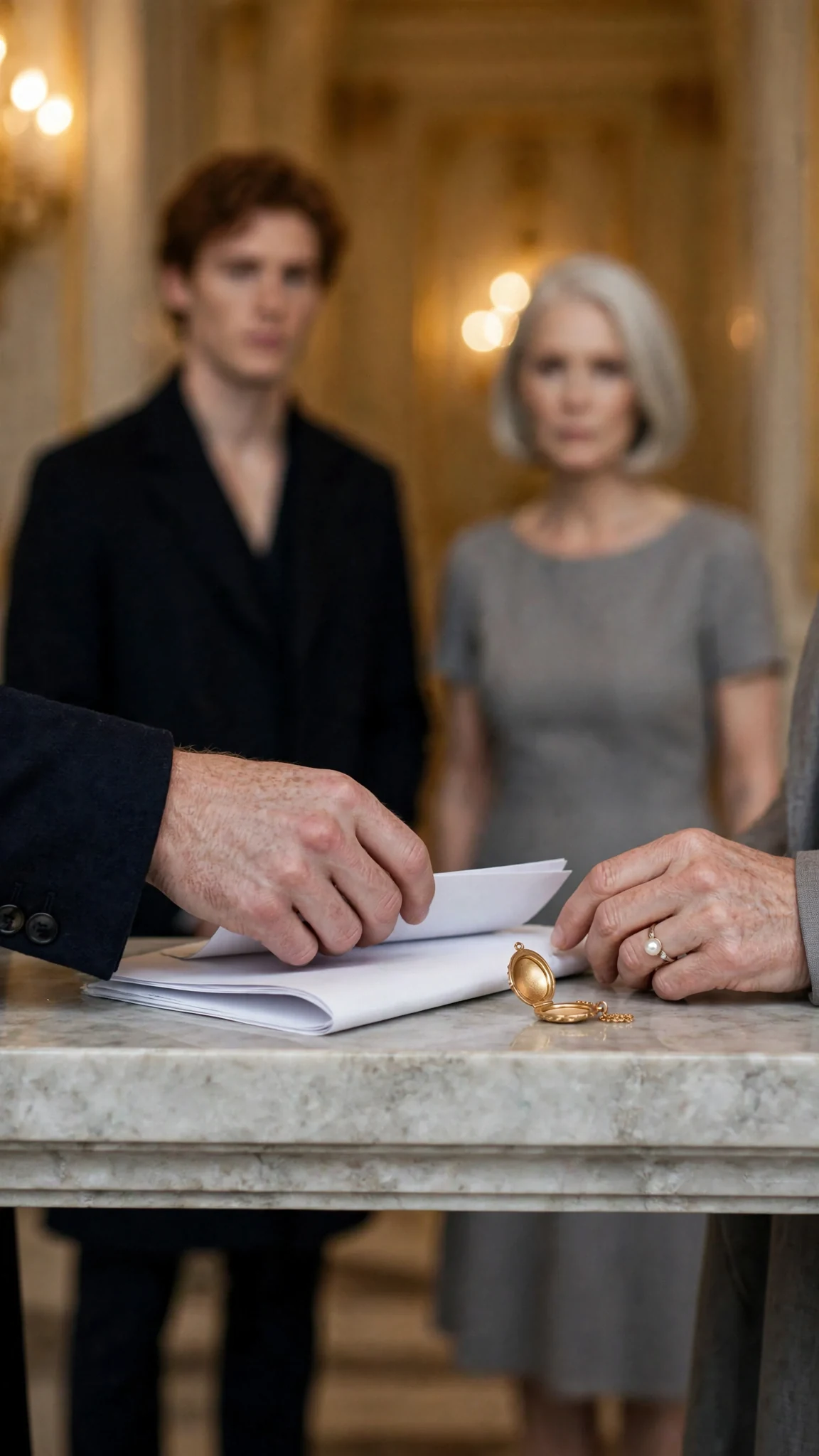 A folded document is set on the marble ledge beside a small gold locket.