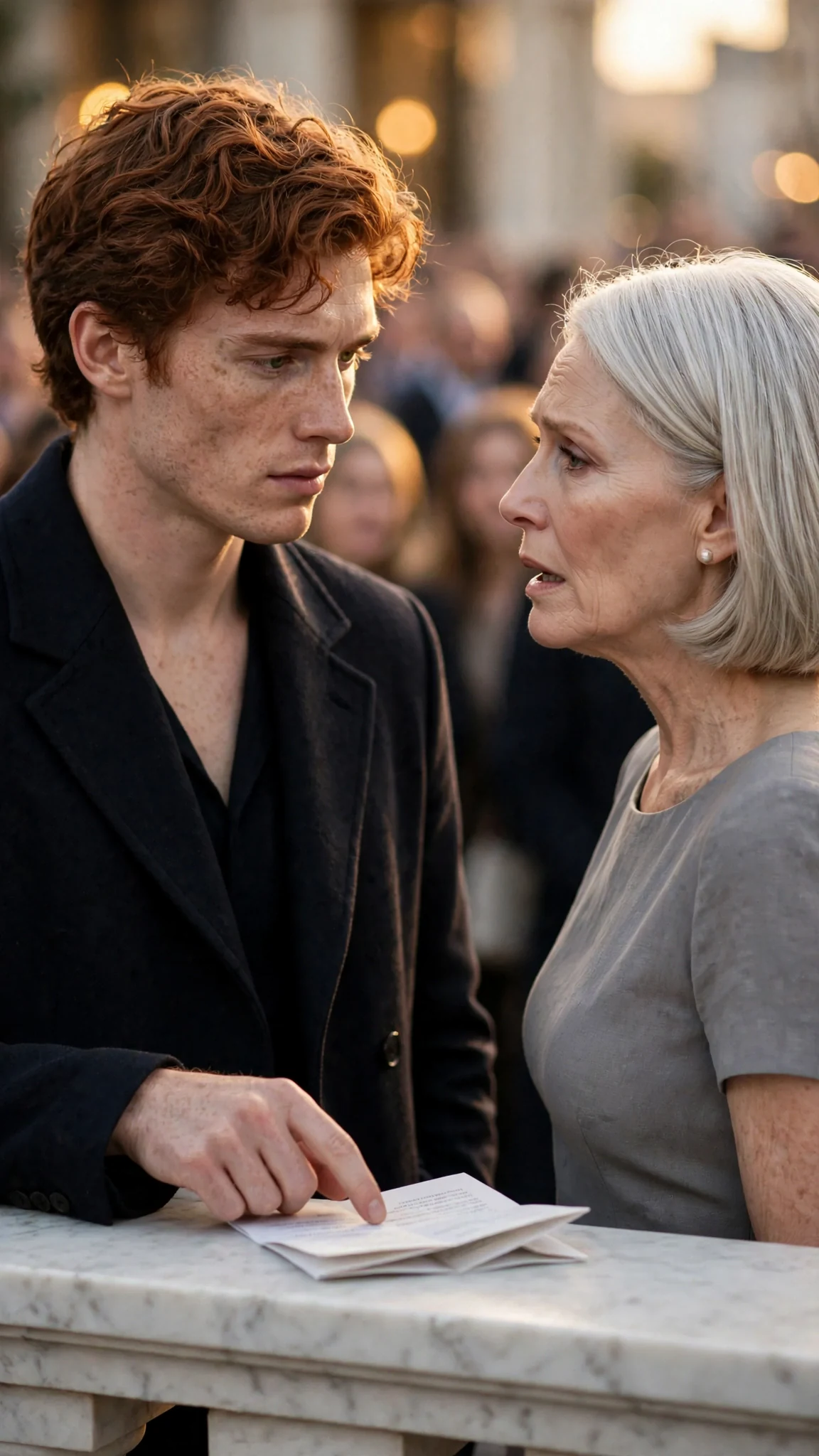 The auburn-haired man points at the folded page while the older woman's mouth opens.