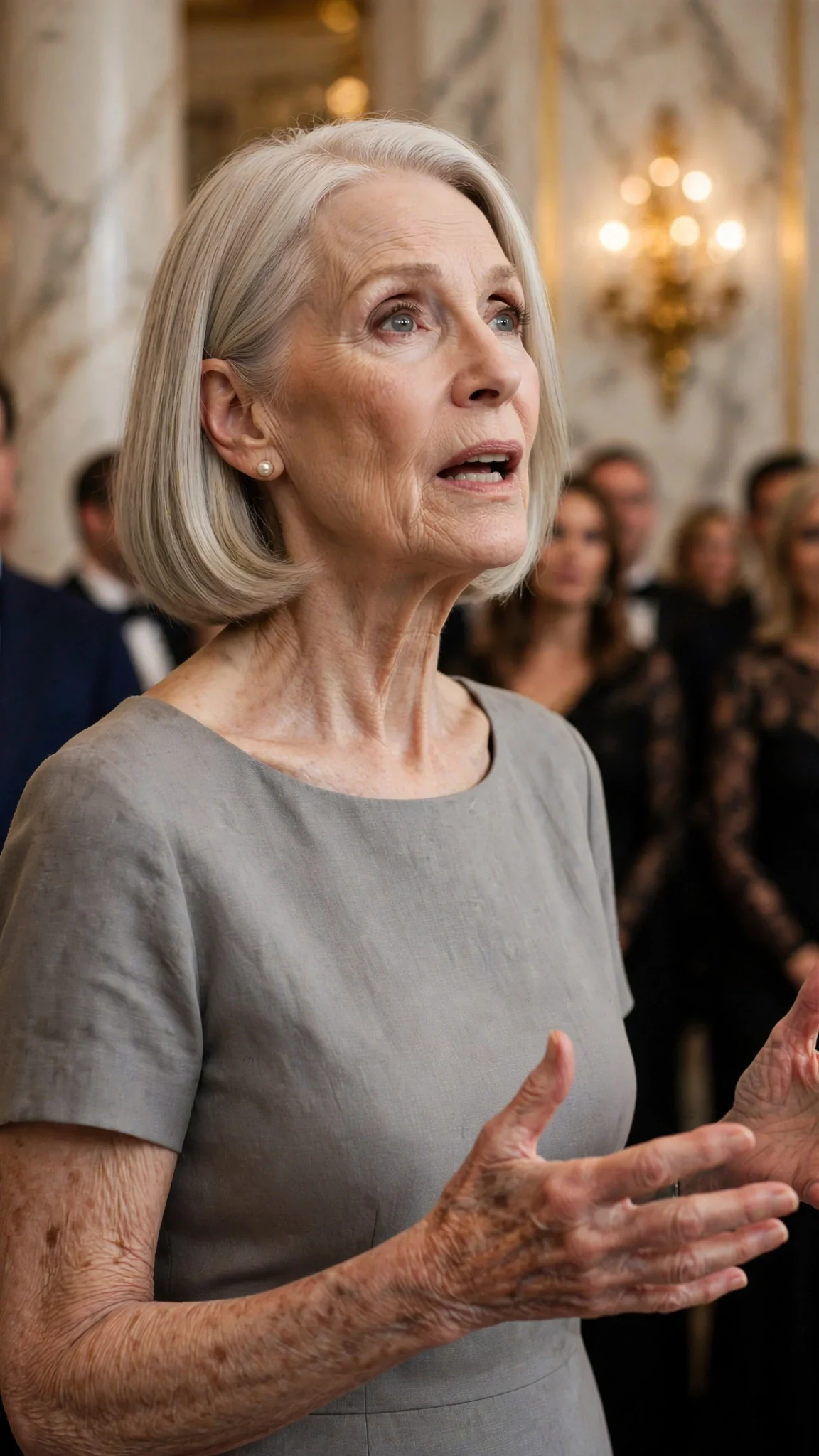 The older woman in gray lifts her chin to defend herself before the silent crowd.