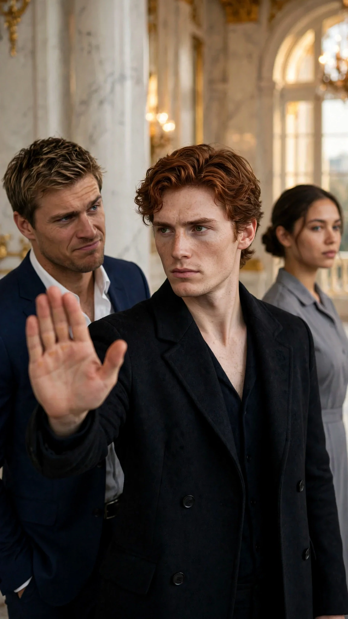 The auburn-haired man steps between them, face hard, one hand raised.