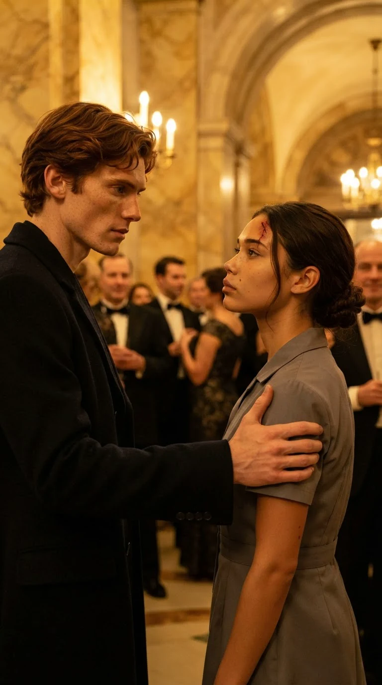 A man in a dark coat holds a maid's arm and turns her to face the hall.