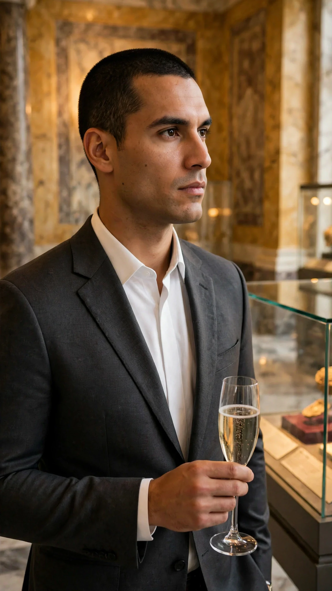 A dark-haired man in a charcoal suit watches from across the hall, unmoving.
