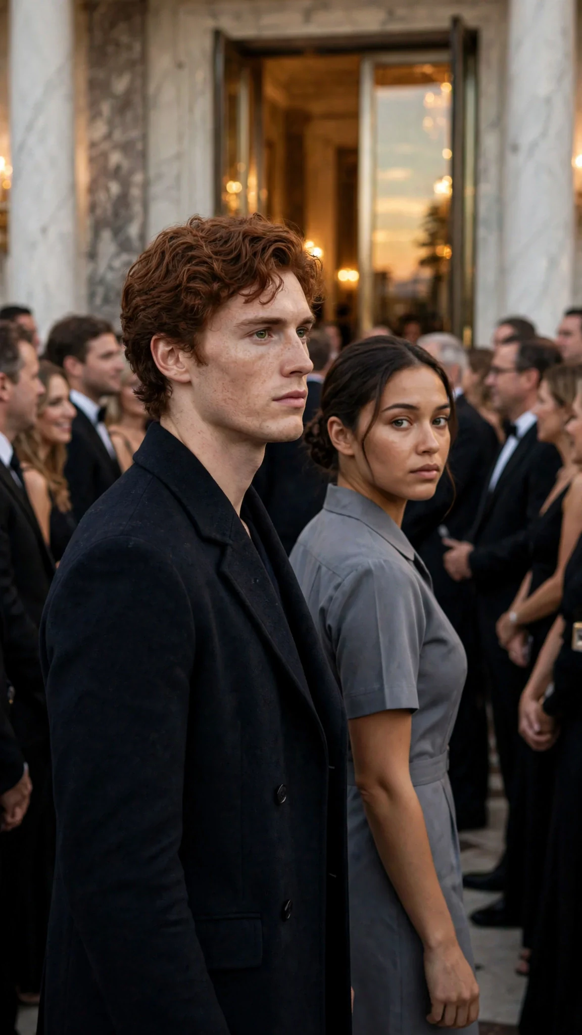 The auburn-haired man walks the maid toward tall doors as the crowd parts.