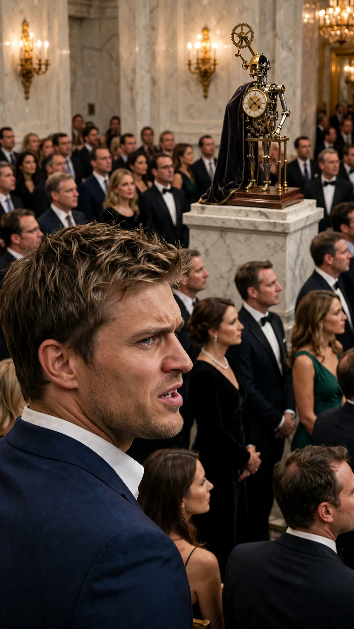 A marble auction hall turns toward a brass automaton frozen on its plinth while a blond man in a navy suit speaks over his shoulder.
