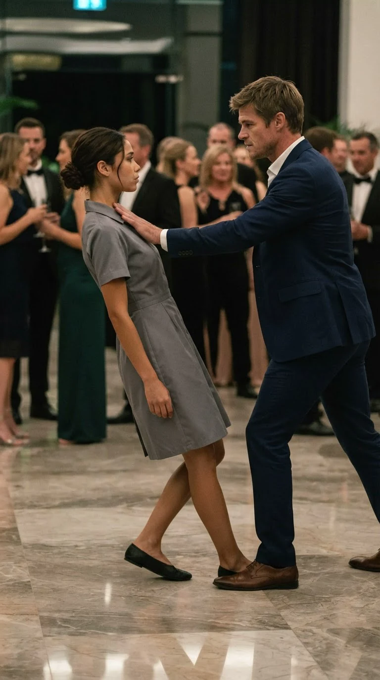 The blond man pushes the maid's shoulder, and her heel slides on the marble.
