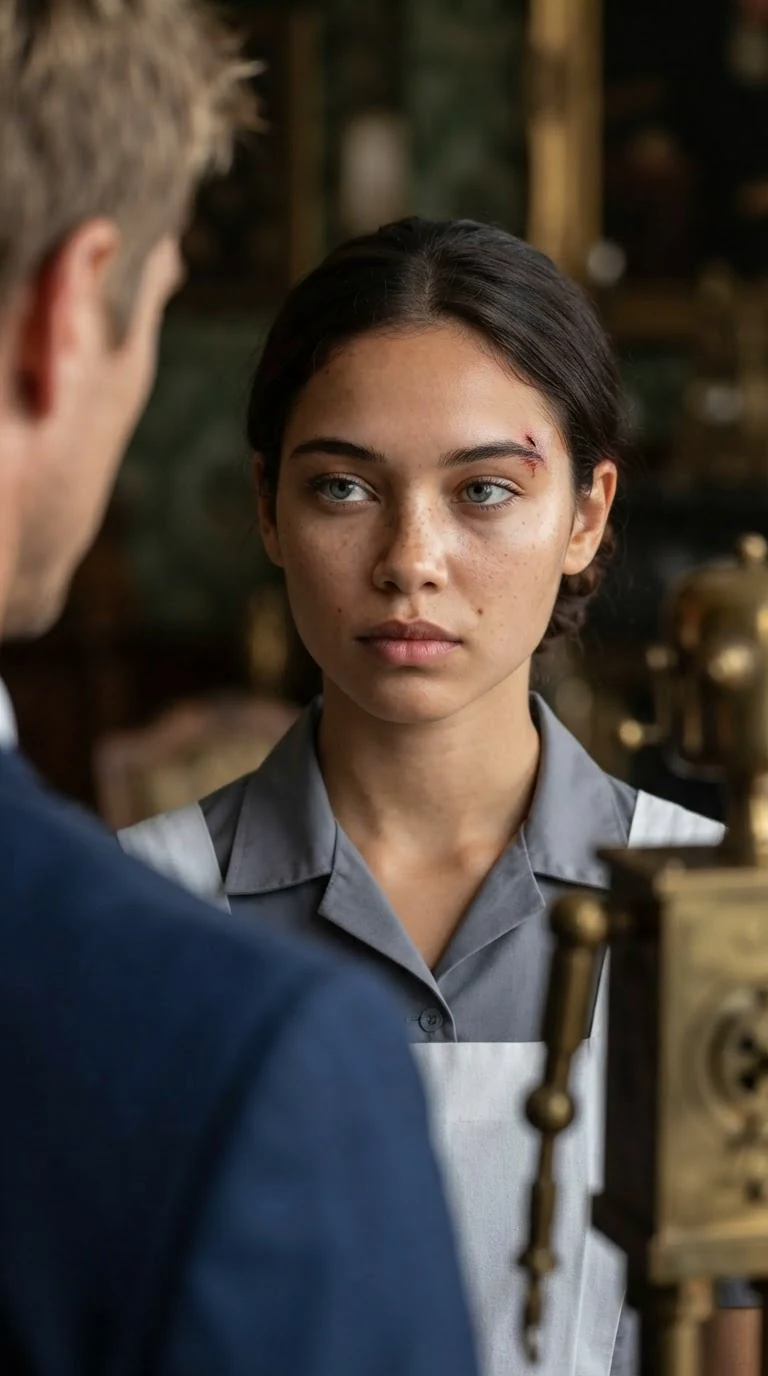 The maid looks past the man at the brass automaton and answers him flatly.