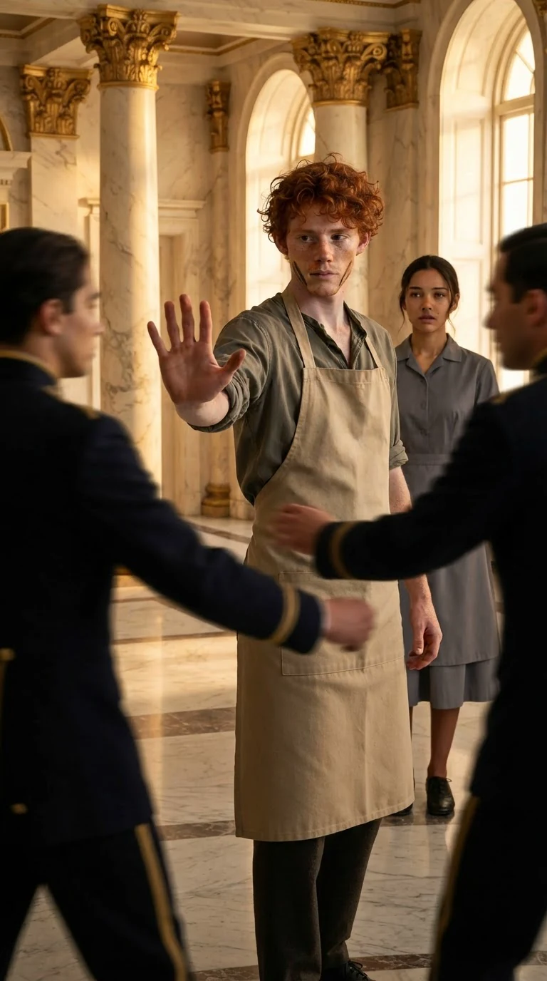 A wiry red-haired apprentice in a canvas apron steps between the stewards and the maid.