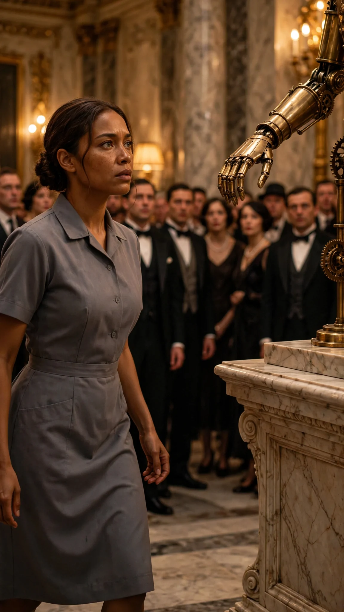 The maid sets the gear and the automaton's brass hand lifts slowly in the quiet hall.