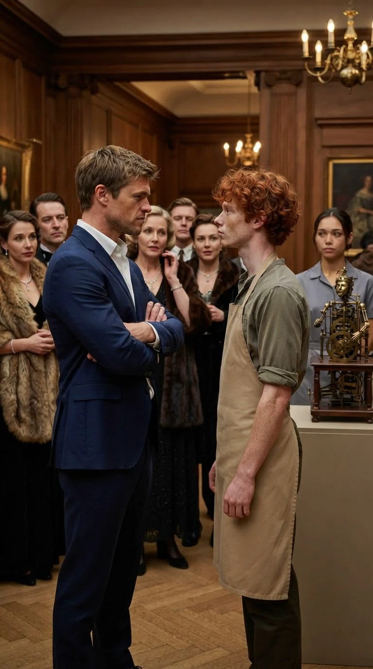 The blond man argues while the red-haired apprentice answers him flatly in front of the crowd.