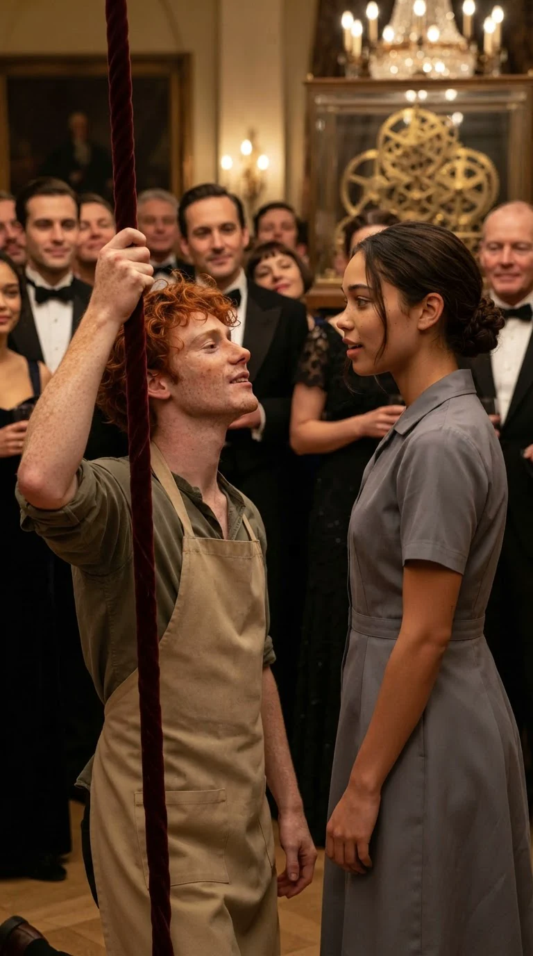 The apprentice lifts the velvet rope and holds it high for the maid.