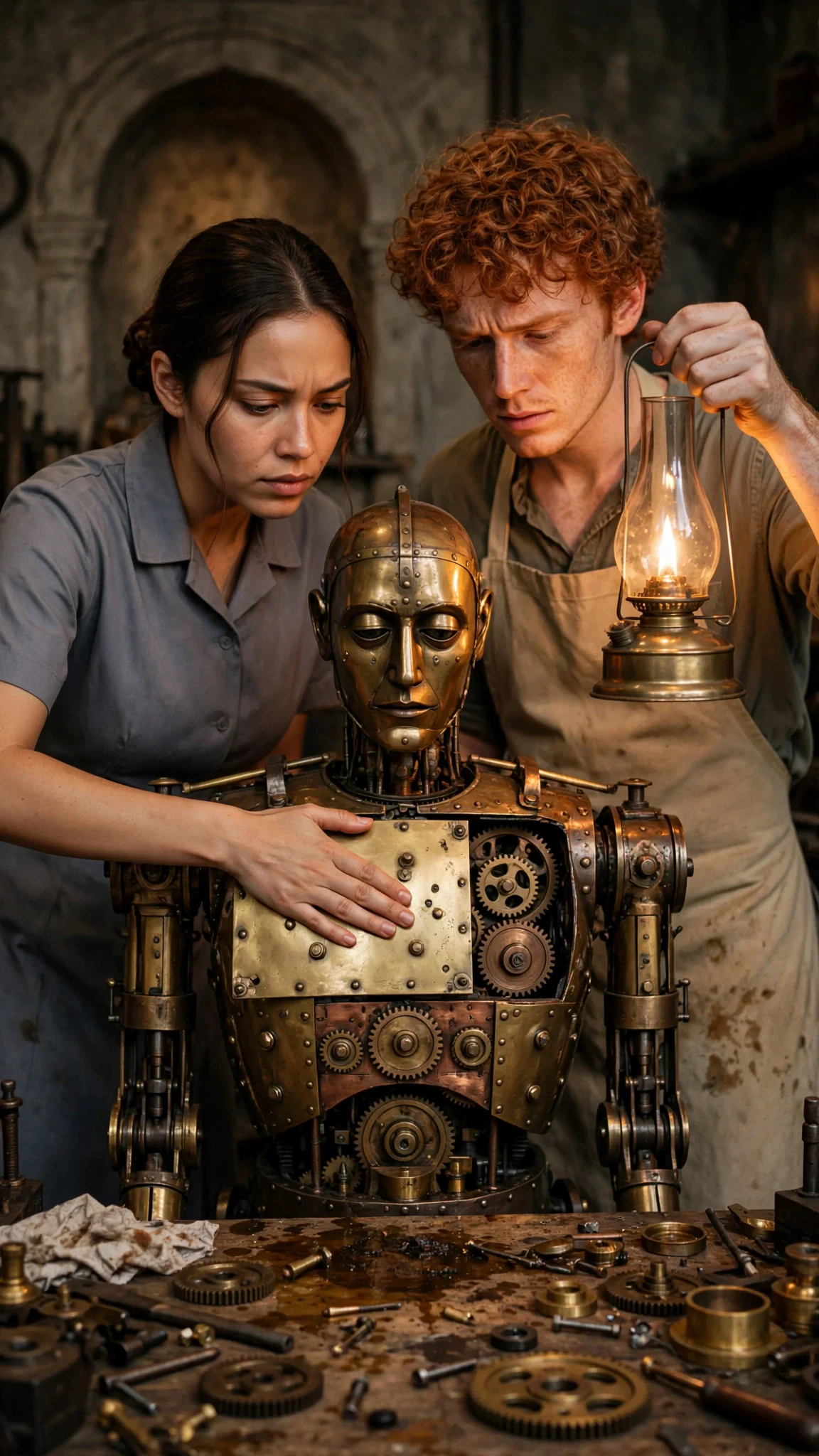 Rosamund leans over the brass automaton in lamplight while Kit holds the lamp.