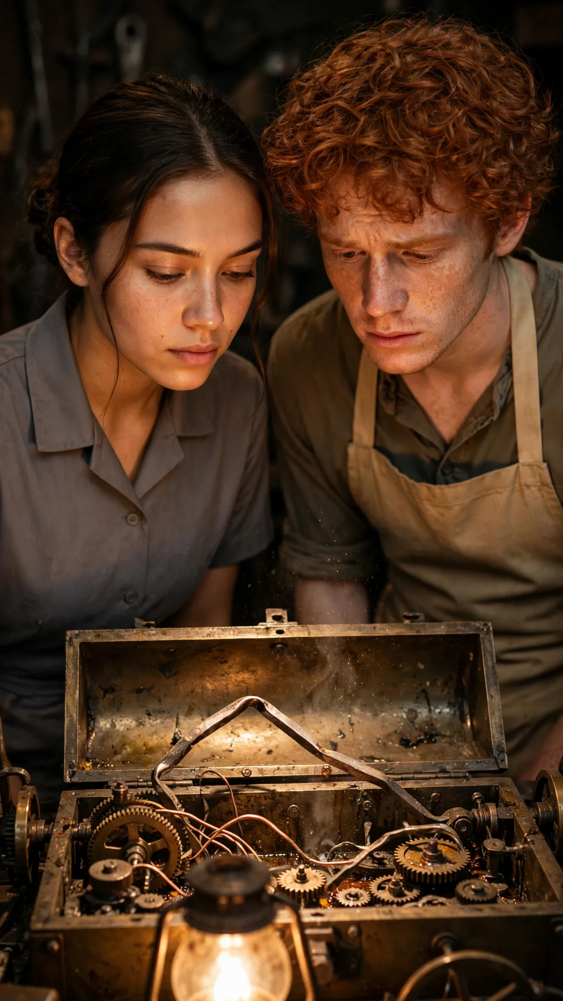 Rosamund frowns at a bent rod inside the machine's open chest.