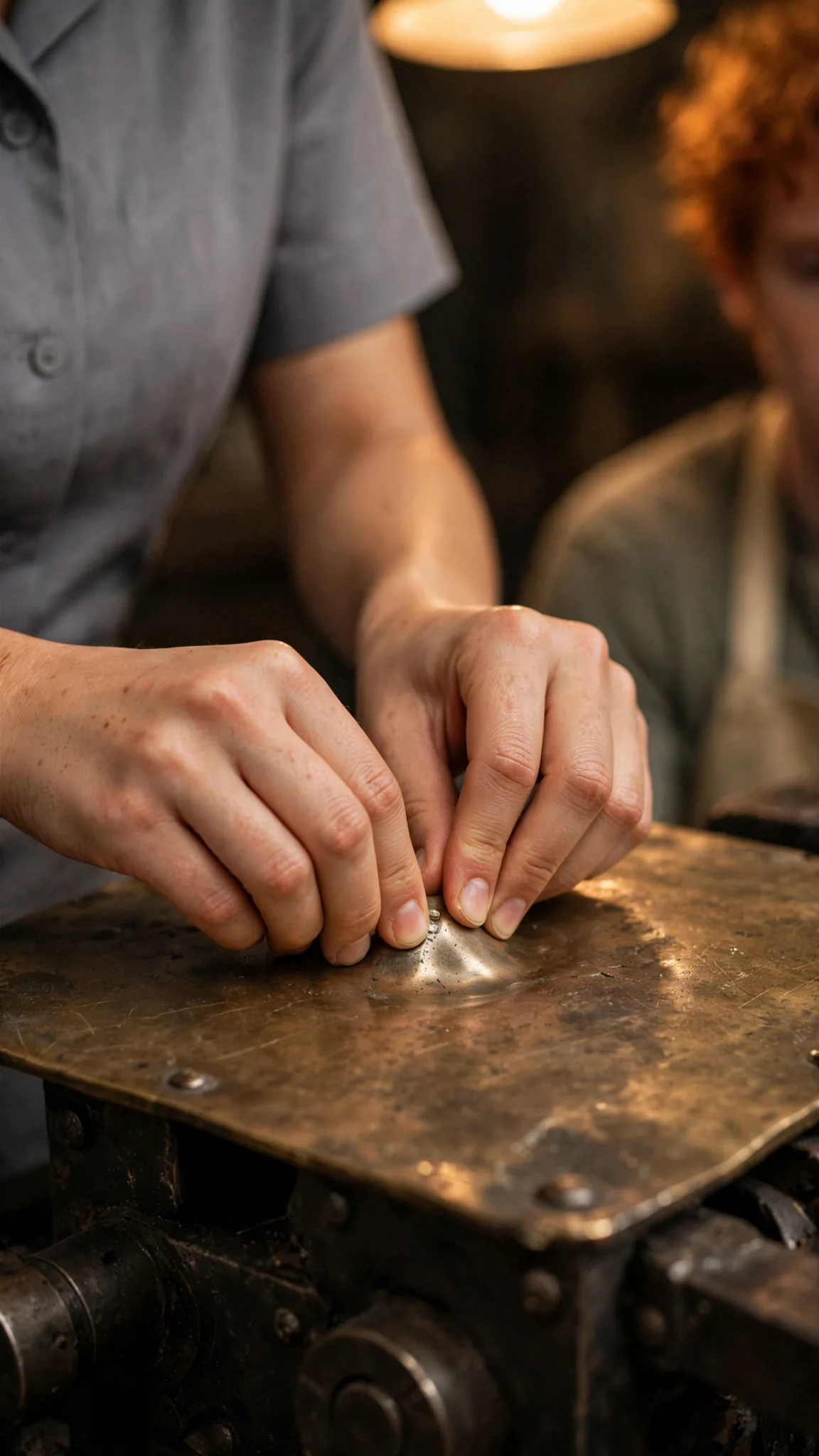 Rosamund's thumb presses a shallow dent in the brass plate under the machine's ribs.