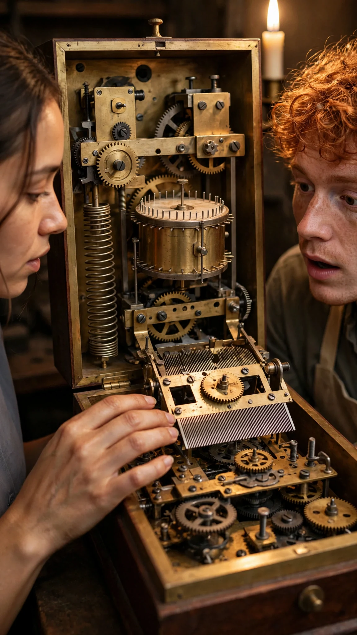Inside the hidden panel sits a pinned brass drum and a comb of steel teeth.