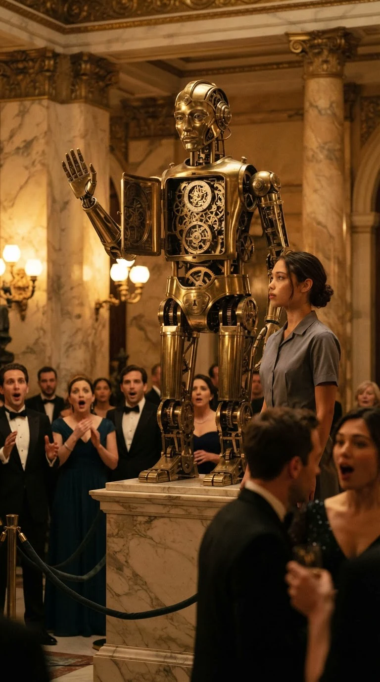 The brass automaton begins to play, its hand lifting, the crowd watching.