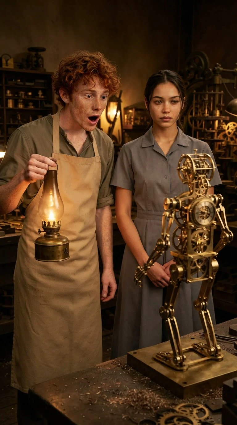 Kit stares at the playing machine in awe while Rosamund stands calm beside it.