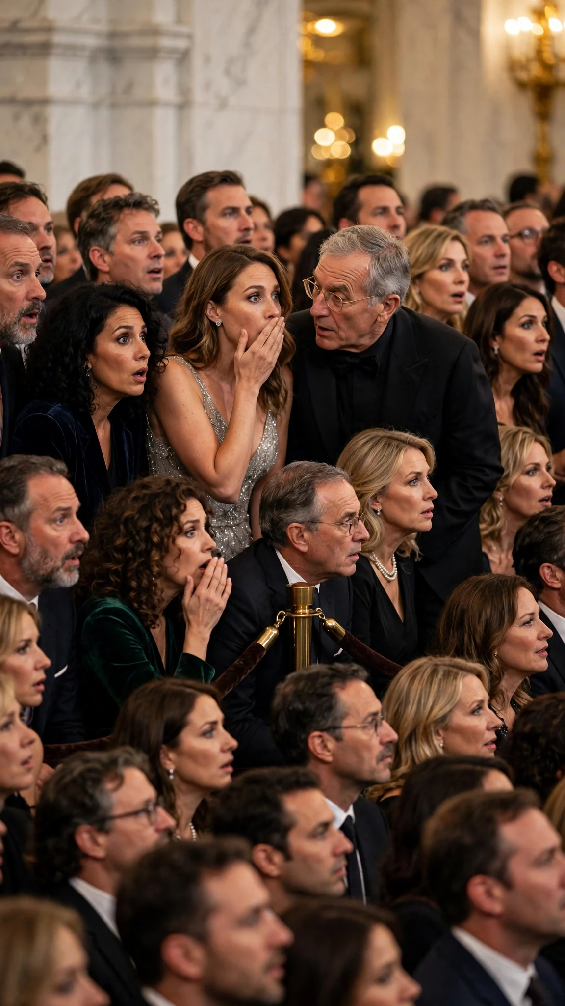 Guests push against the velvet rope, one woman pressing a hand to her mouth.