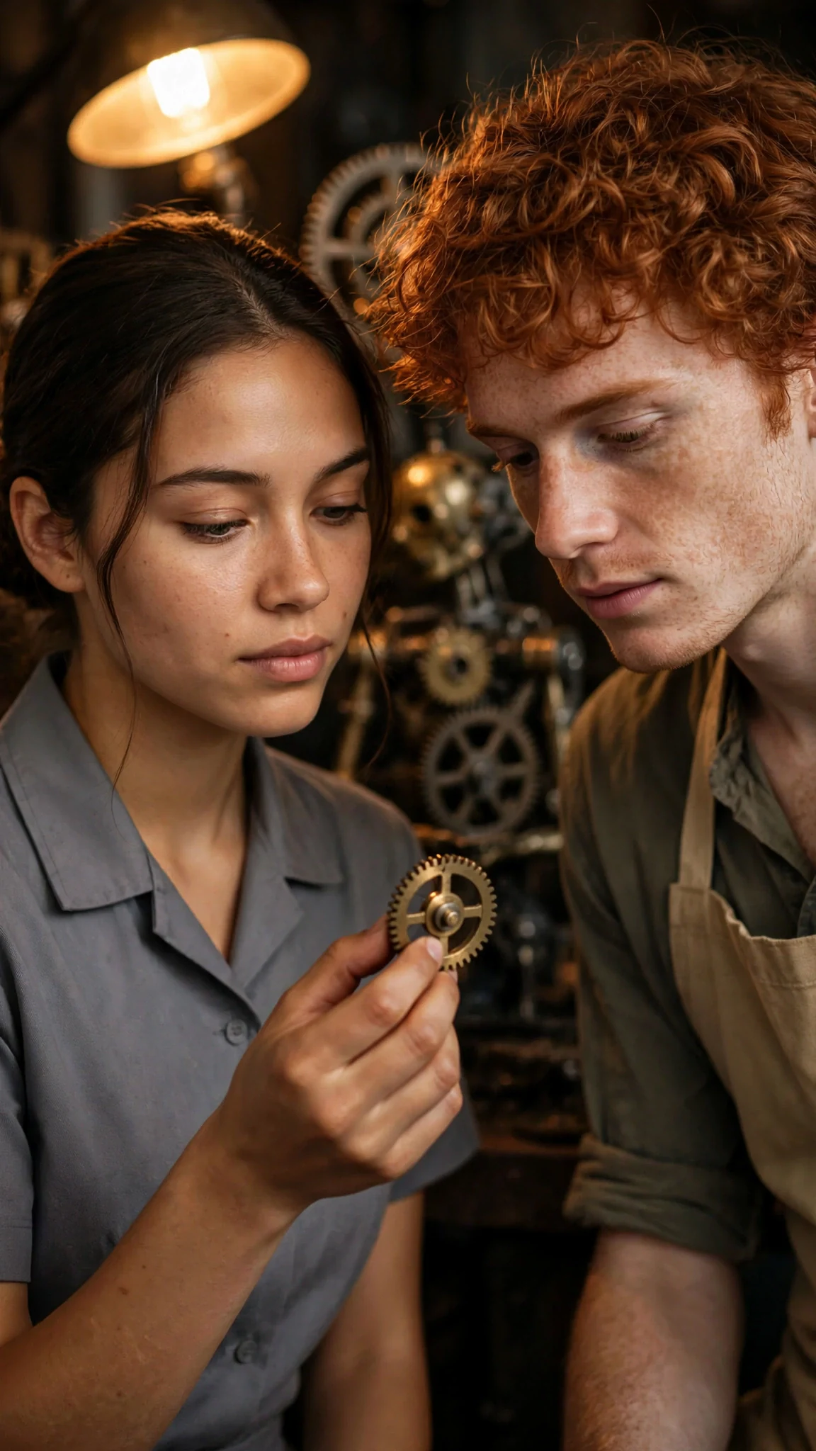 Rosamund holds a small brass gear up to the lamp.