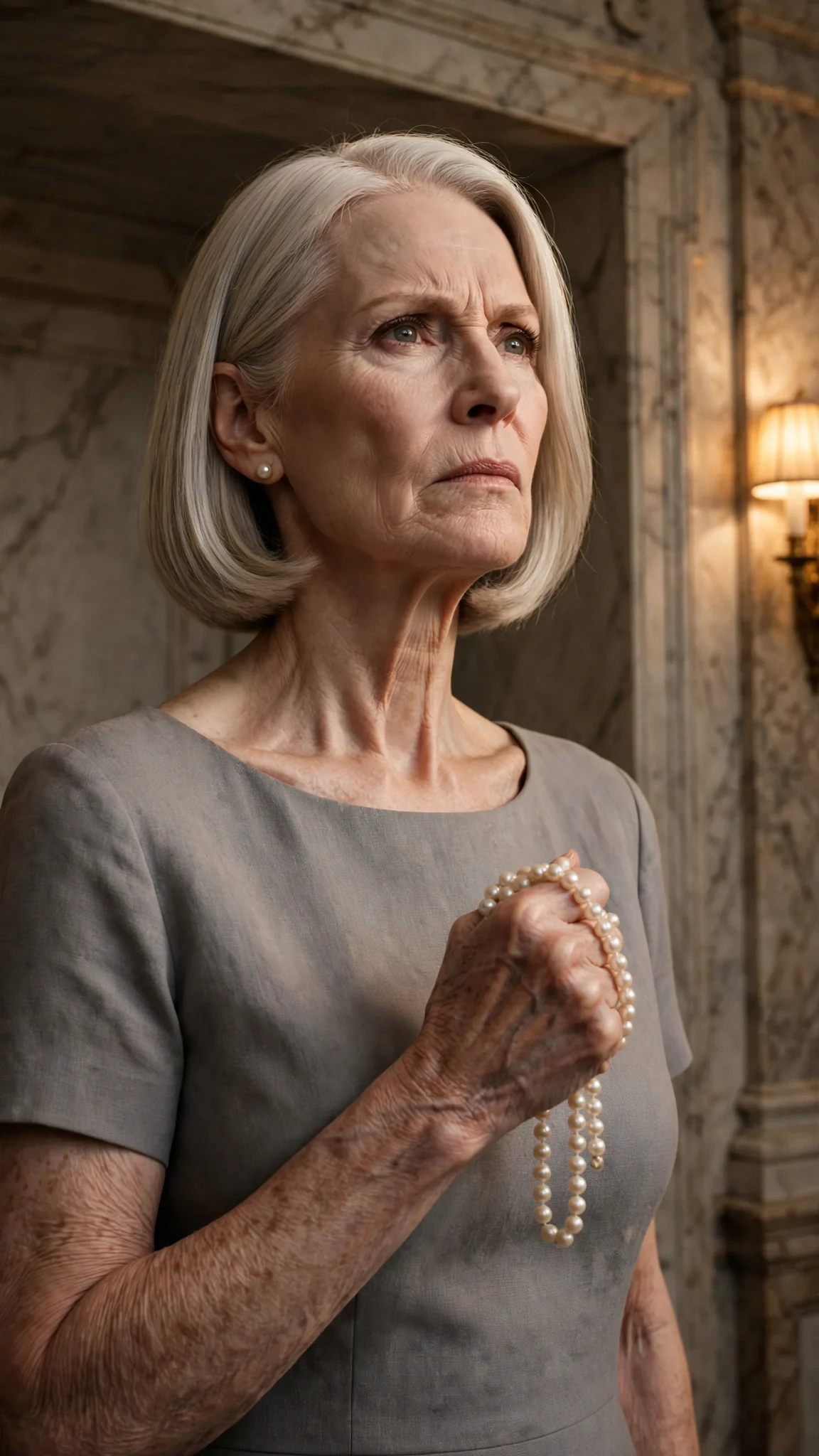 Serena appears at the edge of the alcove in pearls and dove gray.