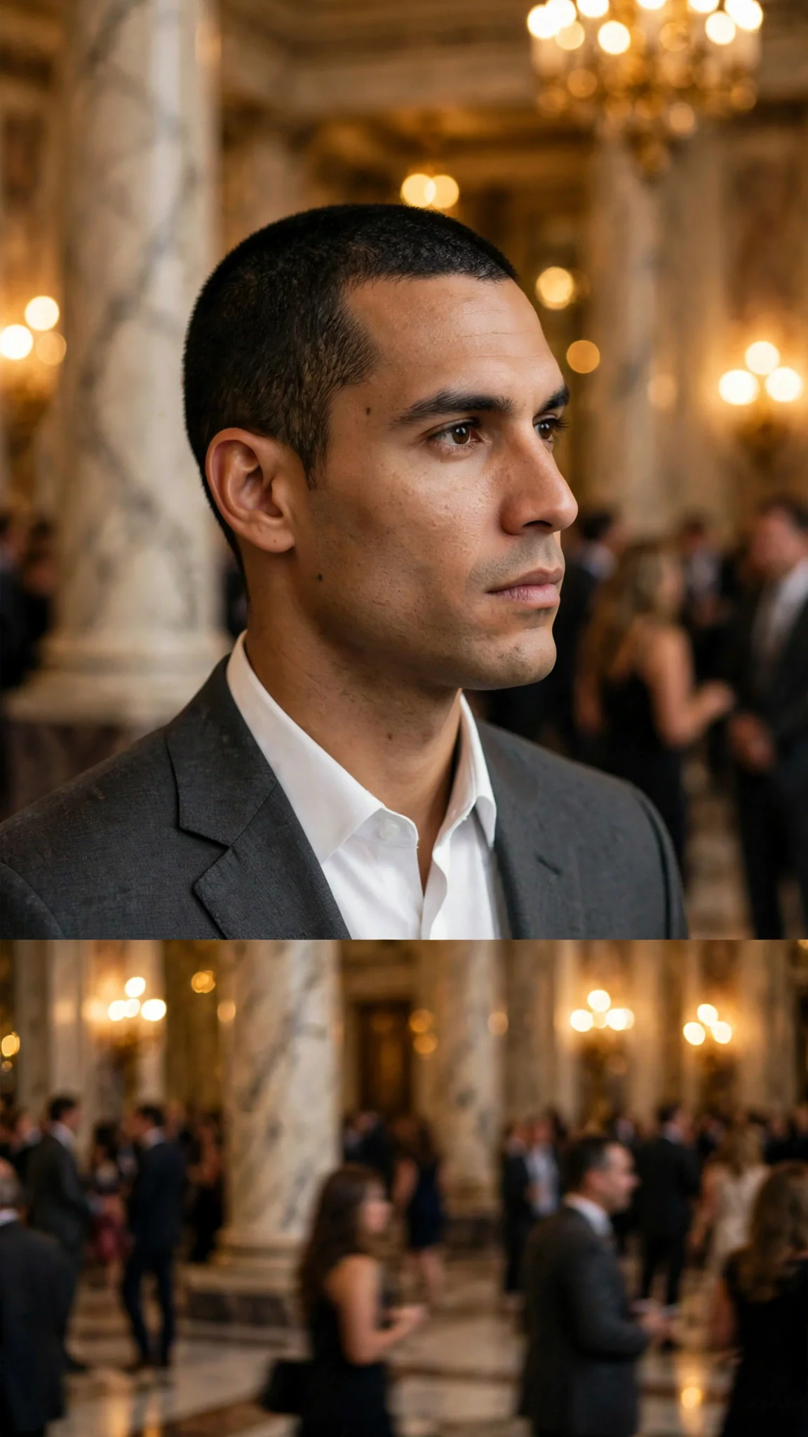 Across the hall, Thaddeus March stands still and watches Rosamund.