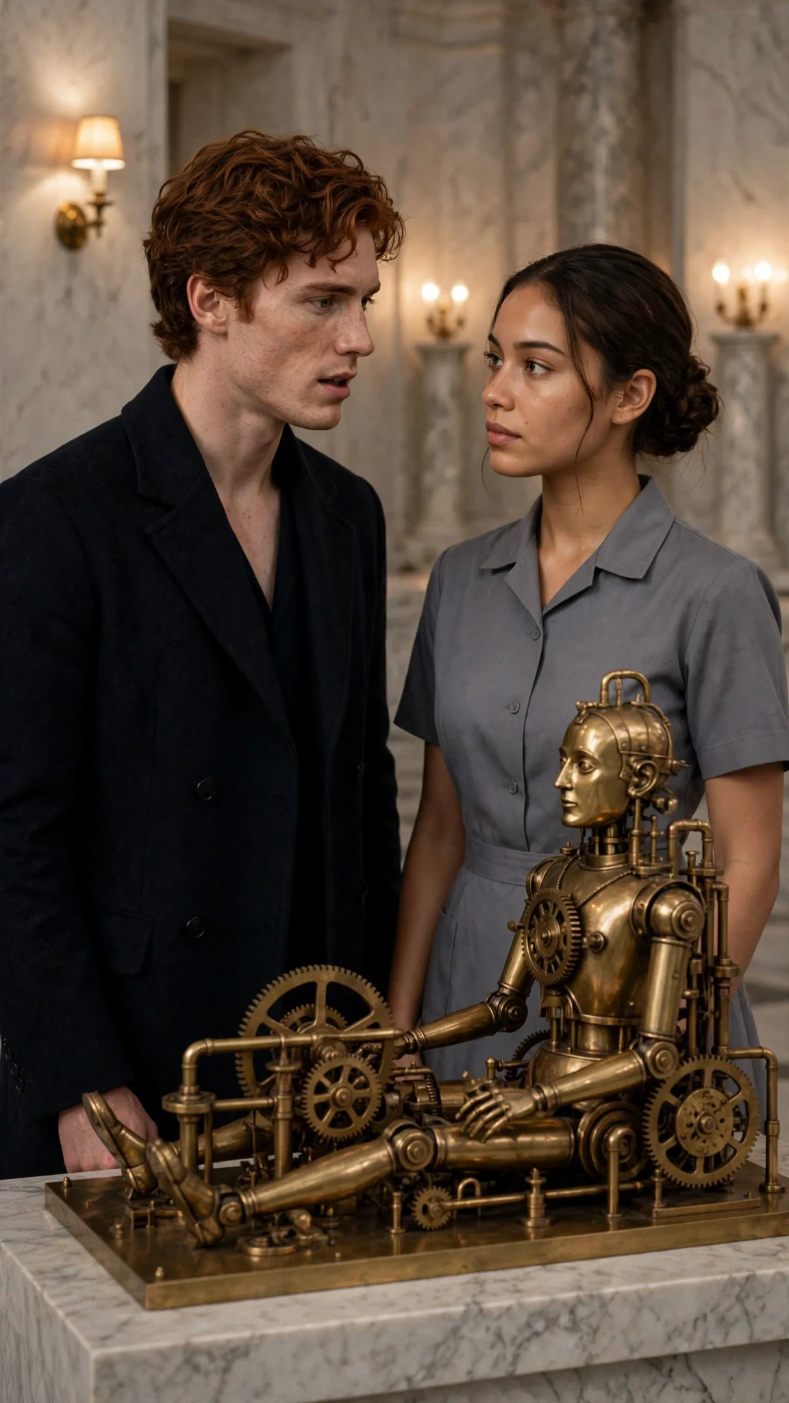 A lean auburn-haired man in a dark coat leans close to a maid beside a brass automaton in a marble hall.
