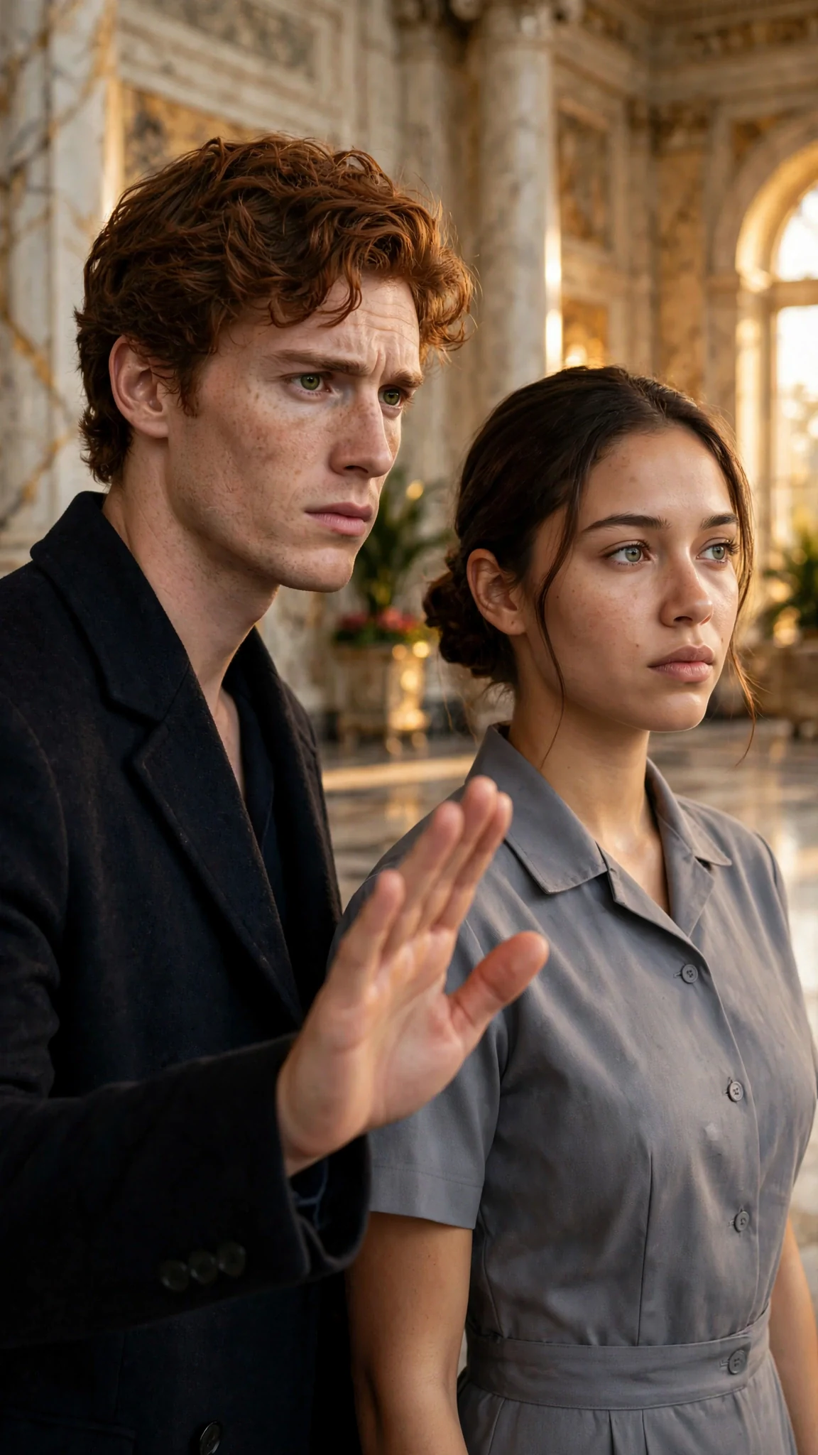 The auburn-haired man speaks earnestly while the maid looks past him, remembering.