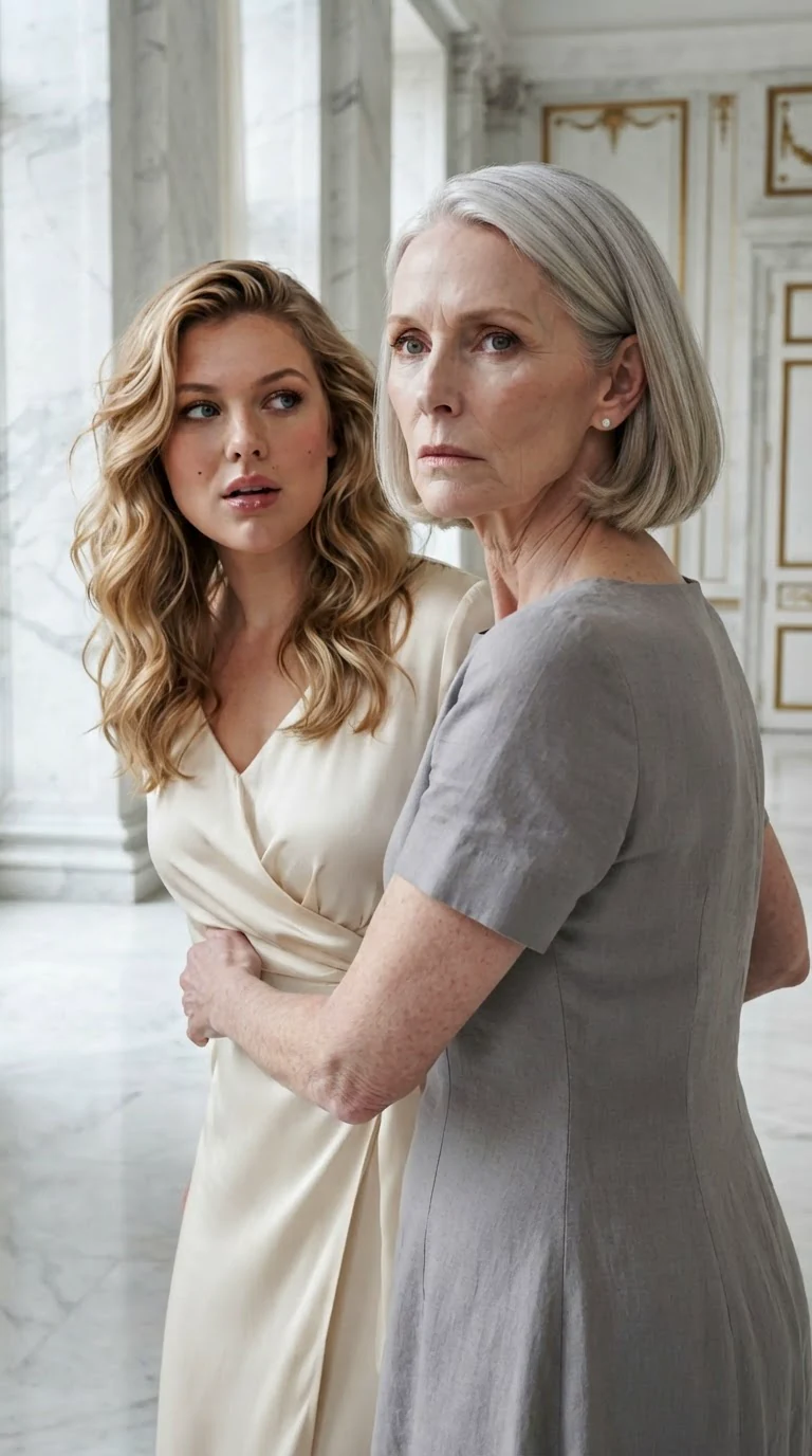 A silver-blonde matriarch turns sharply, pearls at her throat, a young blonde woman at her side.