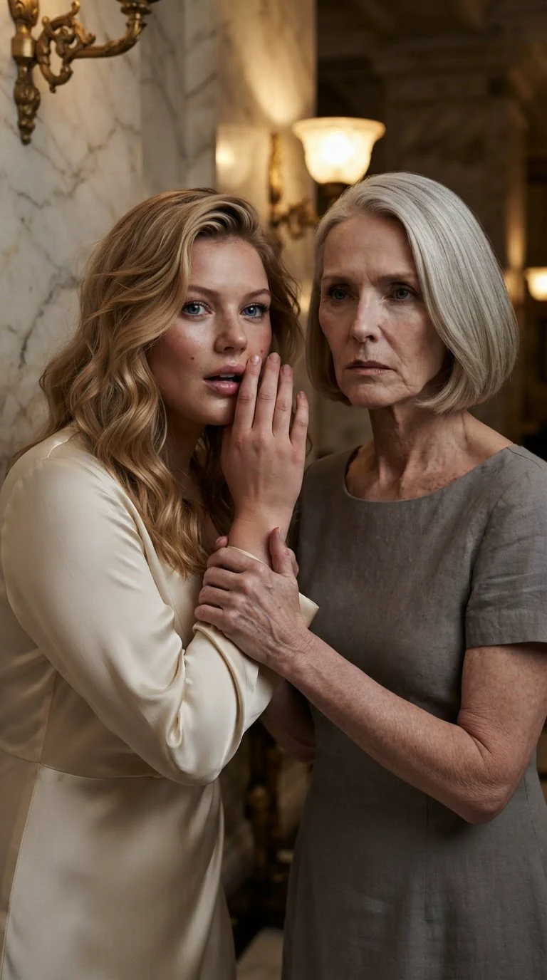 The honey-blonde young woman's face drains of color as she clutches her mother's arm.
