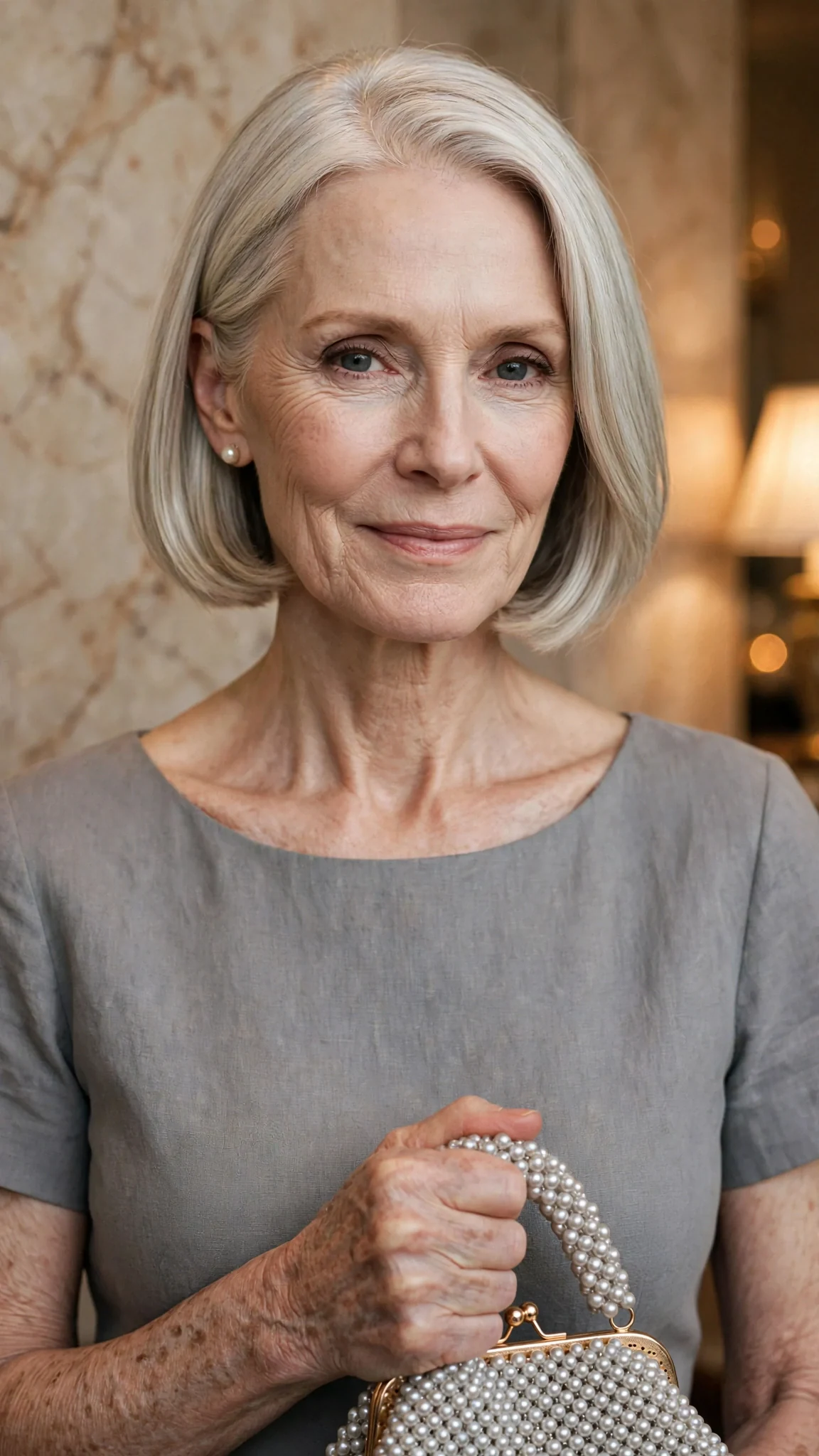 The matriarch smiles thinly while her hand crushes the clasp of her evening bag.