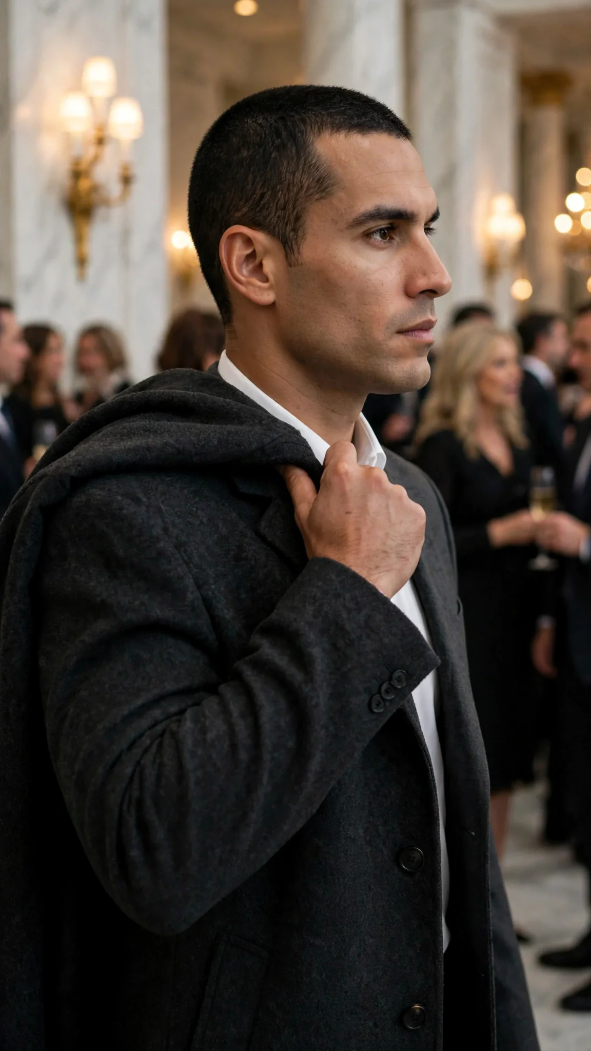 A broad-shouldered man in charcoal shrugs into his coat, ignoring a family across the hall.