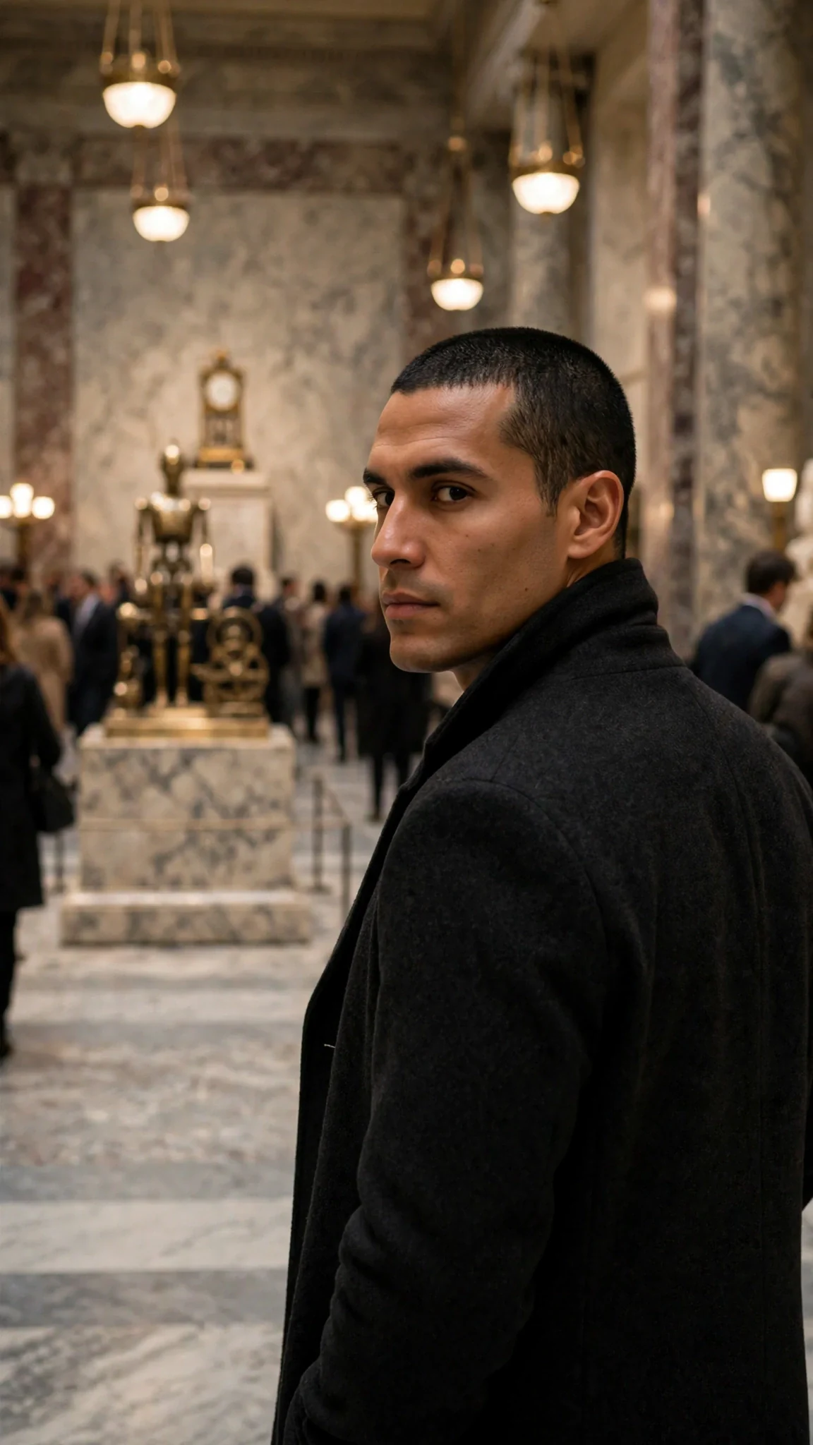 The man in charcoal looks back over his shoulder toward a distant alcove, thoughtful.