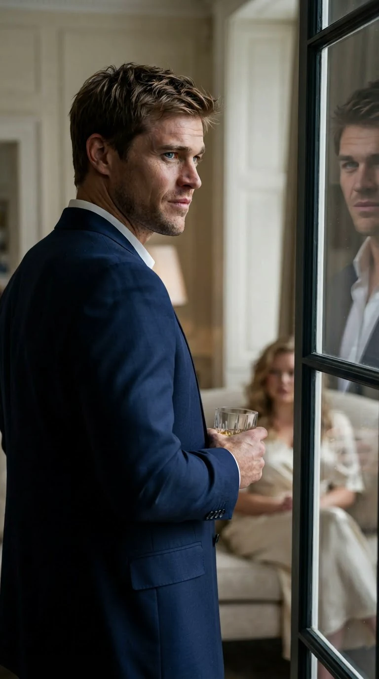 A broad man in a navy suit stands at a dark window holding a full glass he does not drink.
