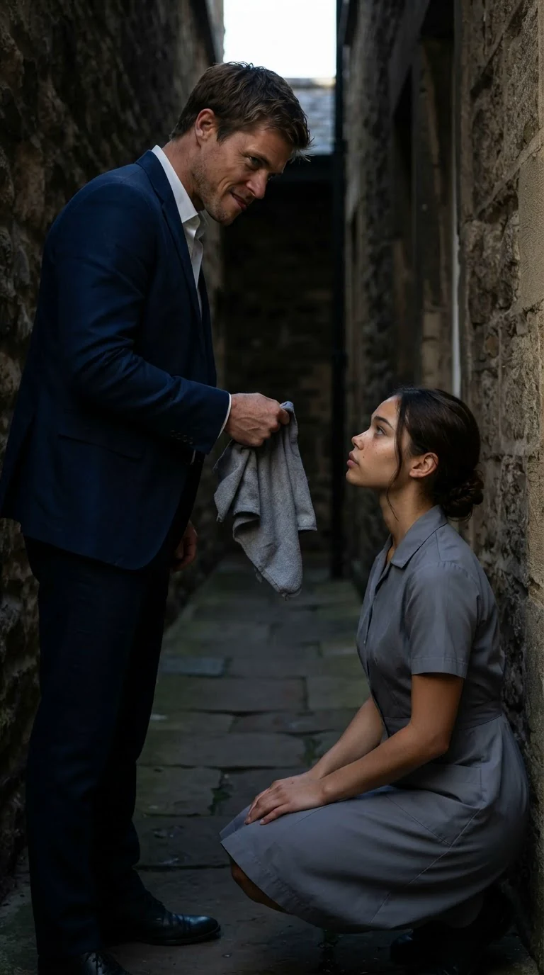 The navy-suited man yanks a cloth from the kneeling maid's hand and drops it on the floor.