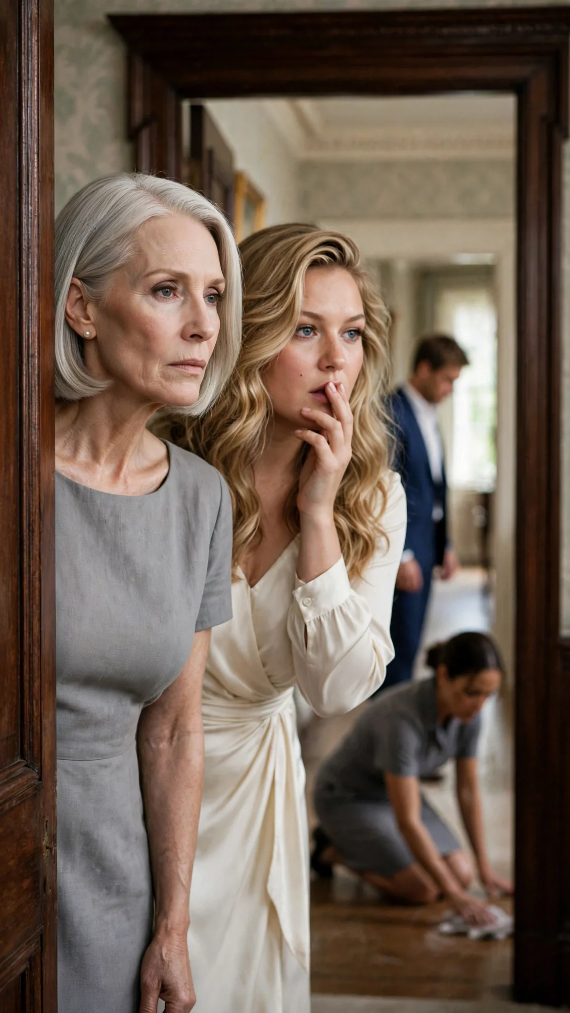 Two women in fine dresses watch from a doorway and do not move to stop him.