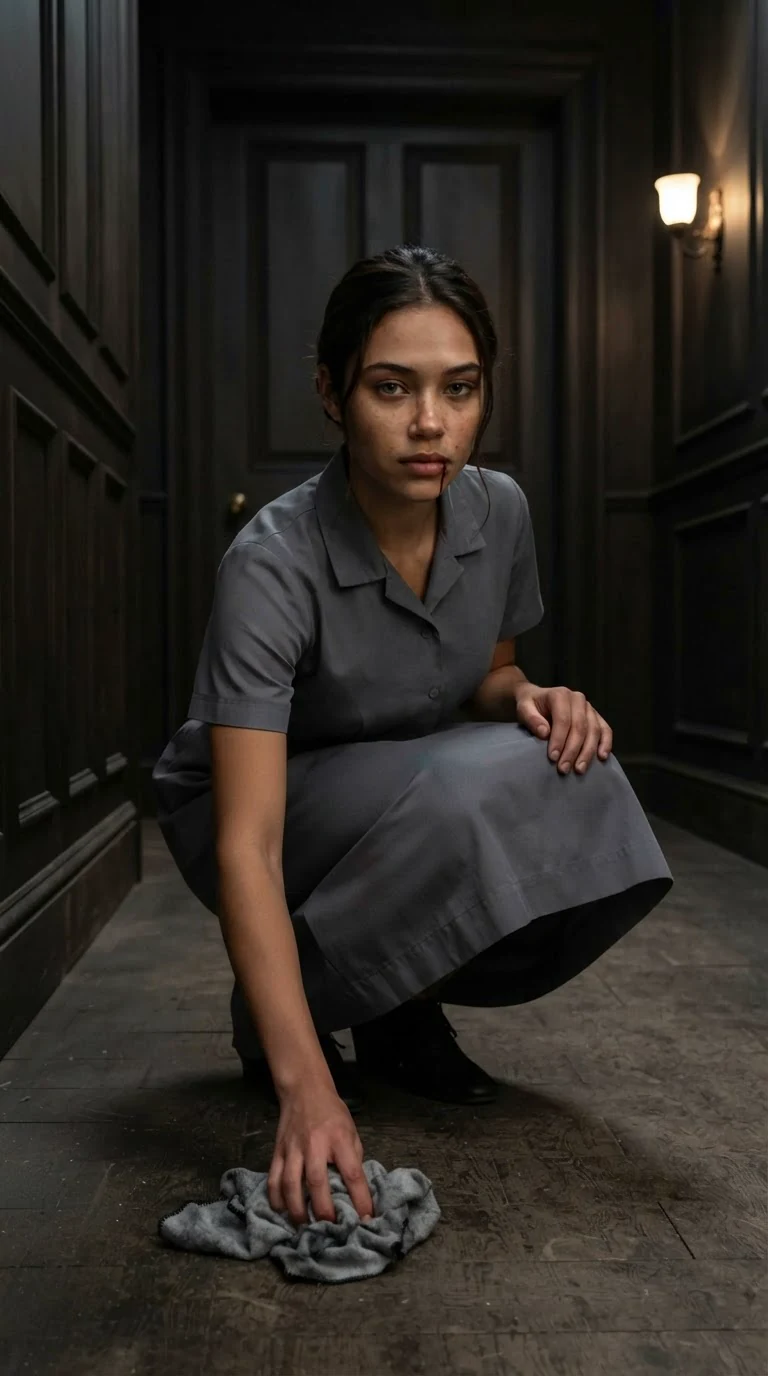 Alone in the passage, the maid picks her polishing cloth up off the floor.