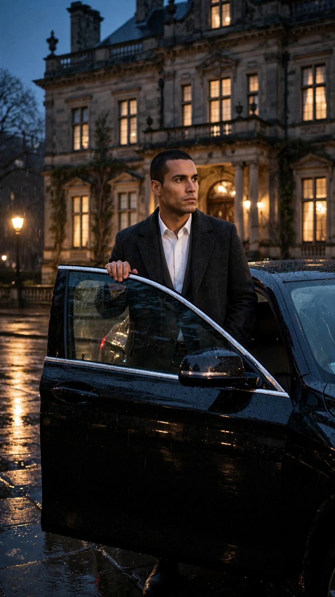 A tall man in charcoal steps from a black car into lamplight outside a city mansion.