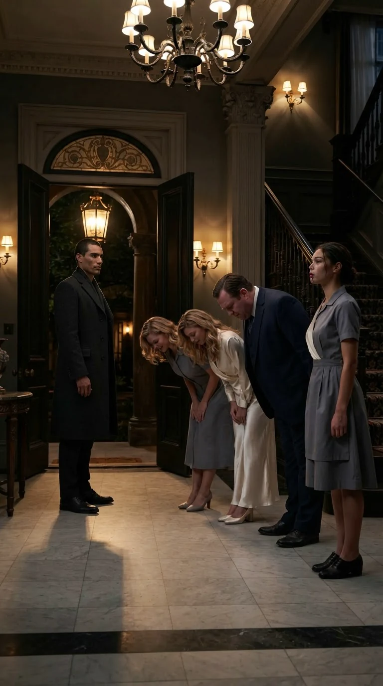 The mansion doors open on a tall man in charcoal while the family bows and the bloodied maid stands straight.