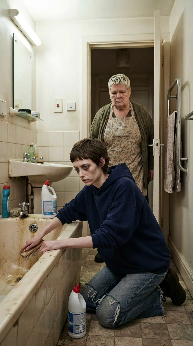 Marnie scrubs a guesthouse bathroom while Doreen stands in the doorway and criticises her work.