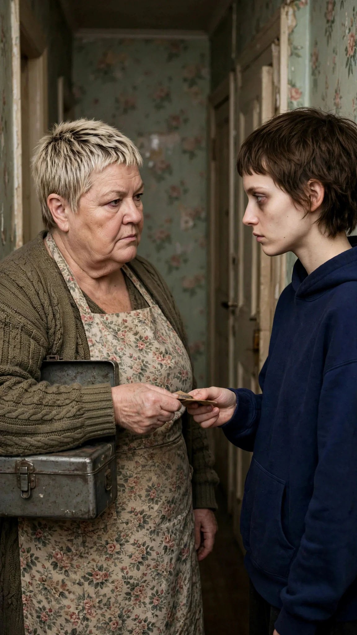 Doreen takes a damp envelope of tip money from Marnie's hand in a narrow guesthouse hall.