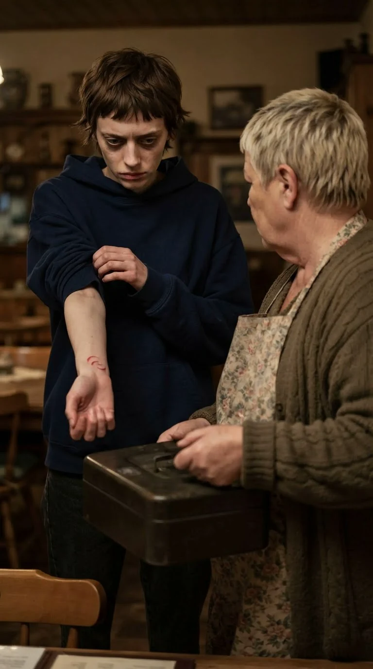 Marnie stares at red nail marks on her wrist as Doreen turns away with the cash box.
