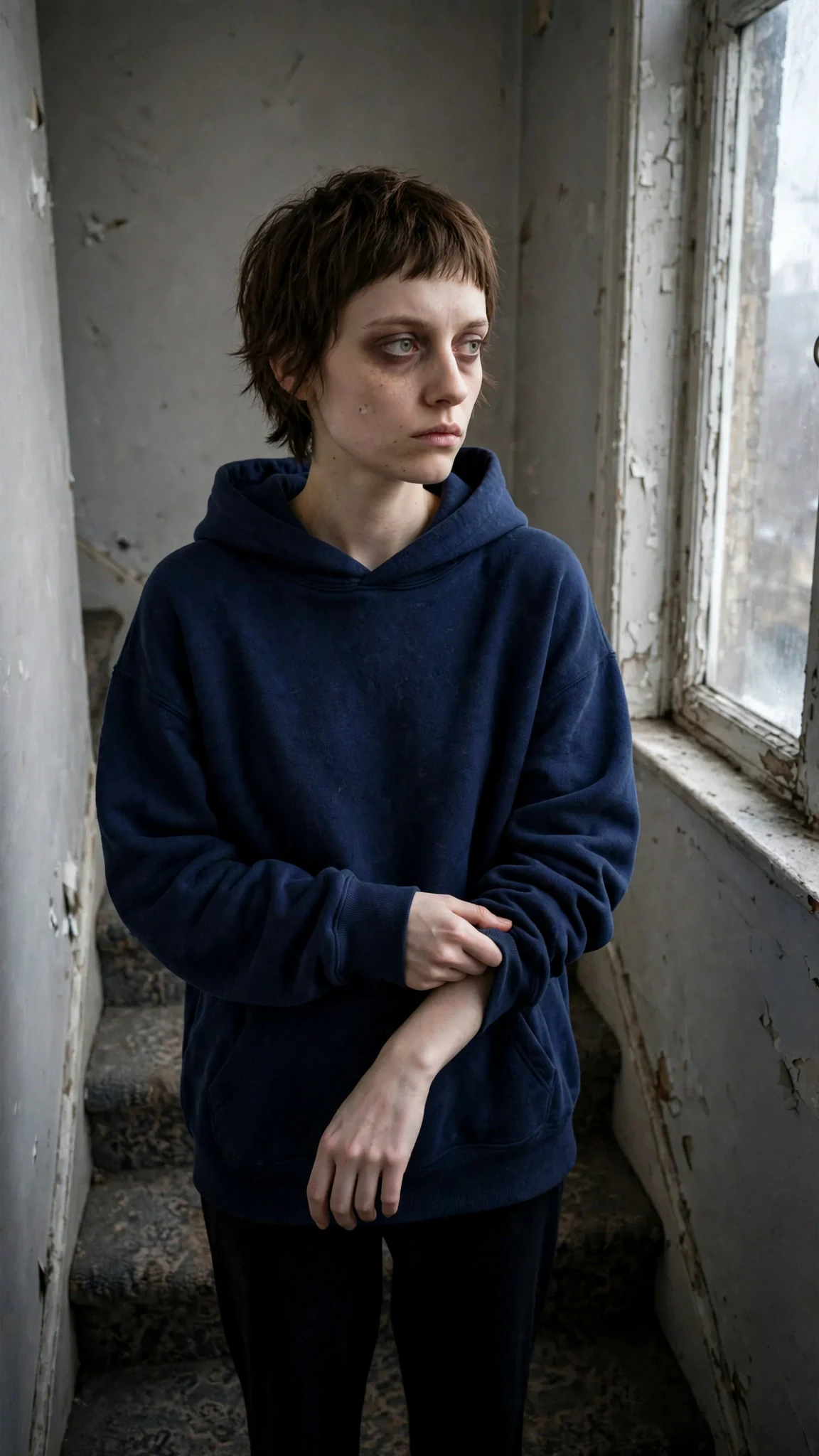 Marnie alone on a dim stairwell, pulling her sleeve over the marks on her wrist.