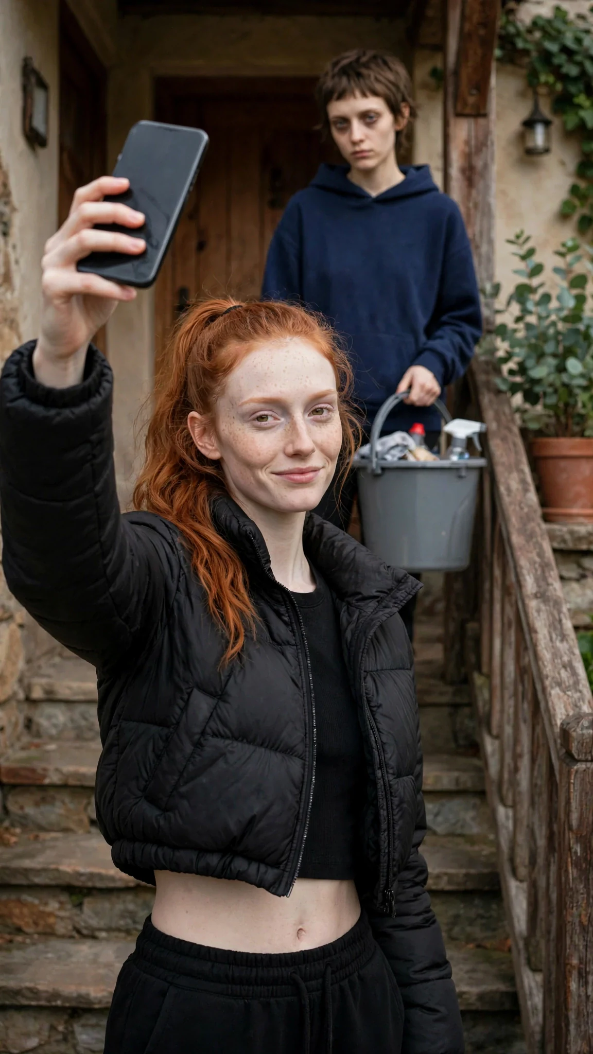 Piper waits at the bottom of the stairs with two friends and her phone already raised.