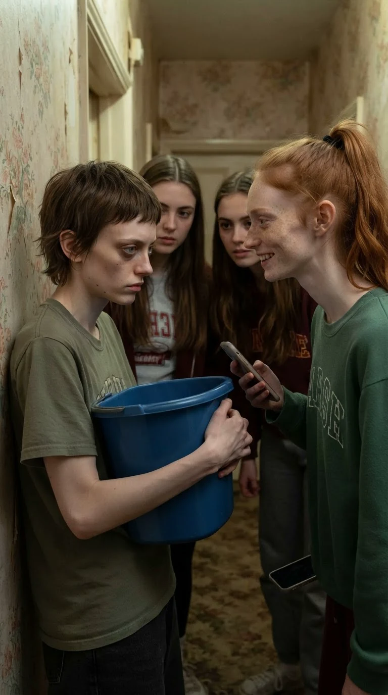Marnie grips her bucket while Piper smiles coldly and her friends block the corridor.