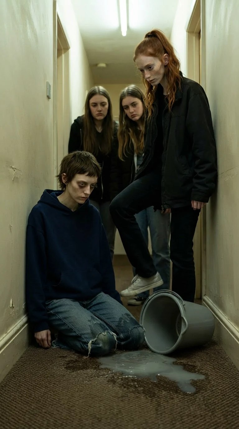 Marnie falls to her knees in a wet corridor as her bucket tips over.