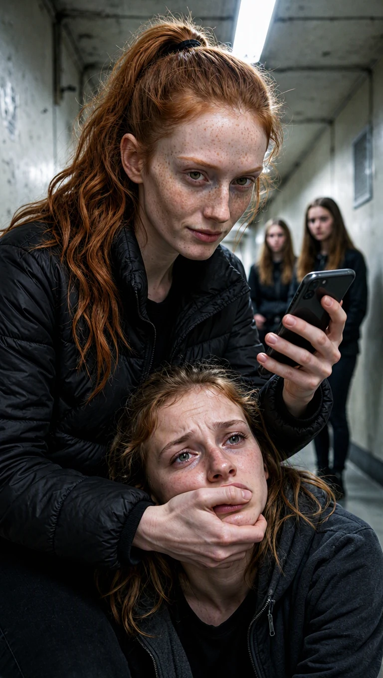 Piper crouches and grips Marnie's jaw while filming her with a phone.