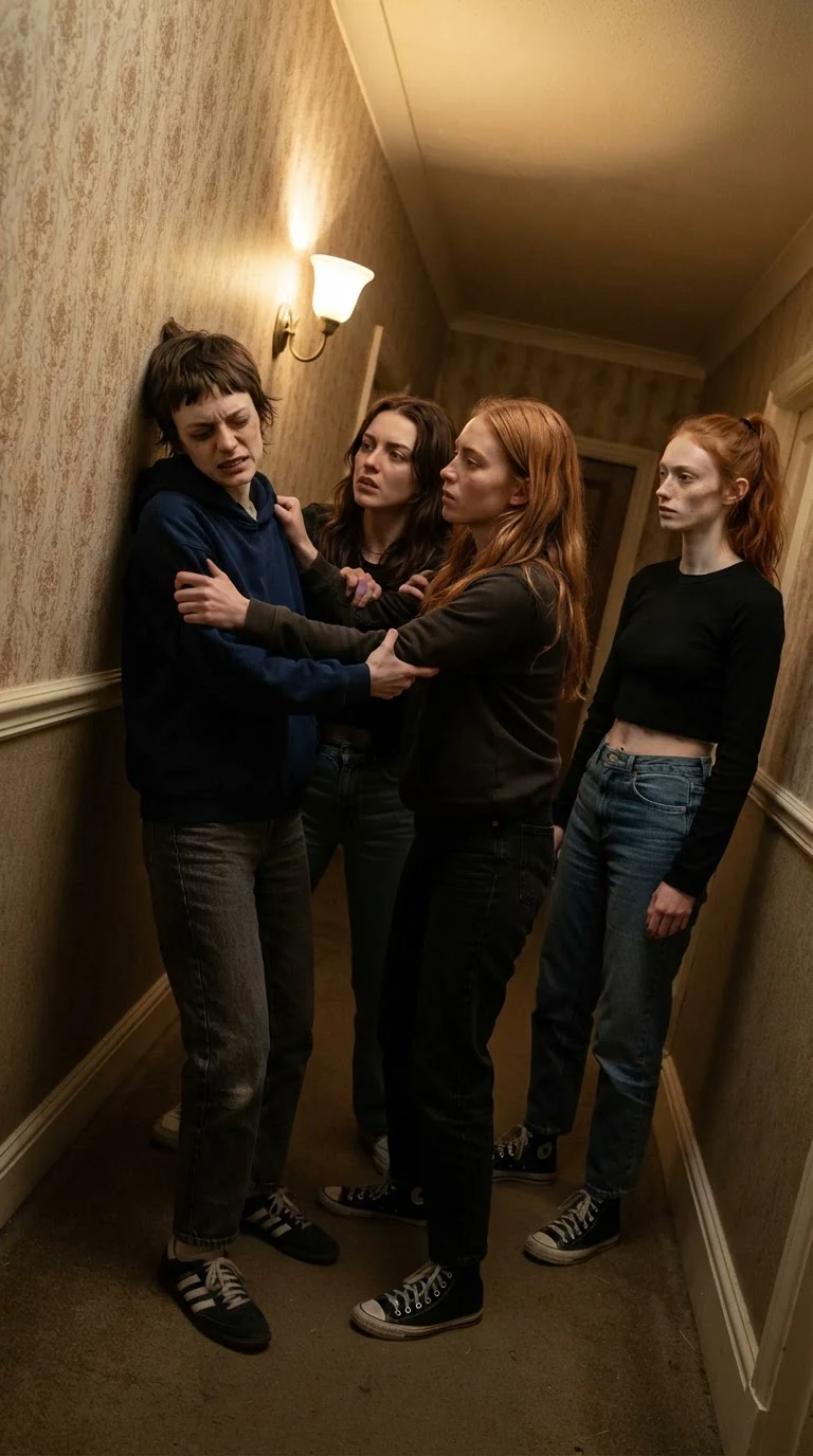 Two friends drag Marnie up and shove her shoulder and head into the corridor wall.