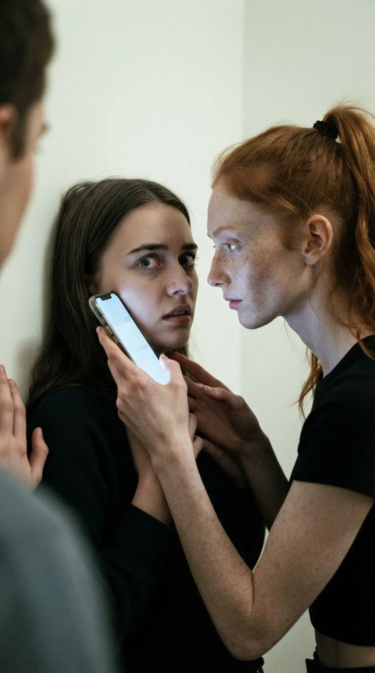 Piper leans close with her phone filming Marnie's bloody lip and frightened face.