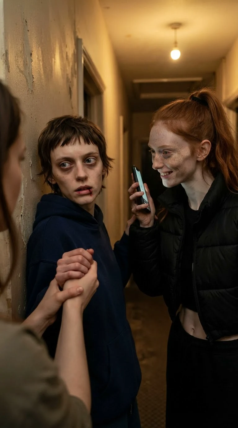 Marnie looks terrified as Piper smiles and her friends keep holding her against the wall.