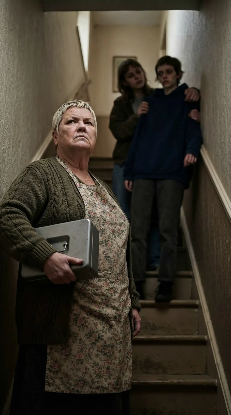 Doreen stands at the bottom of the stairs with her cash box and does not come up.